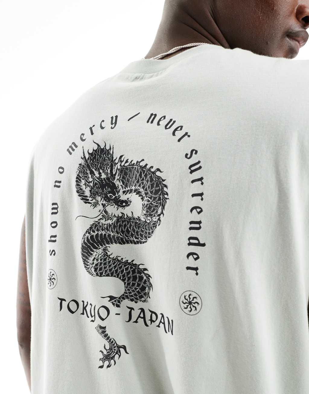 ASOS DESIGN oversized tank top in gray with dragon souvenir back print Product Image