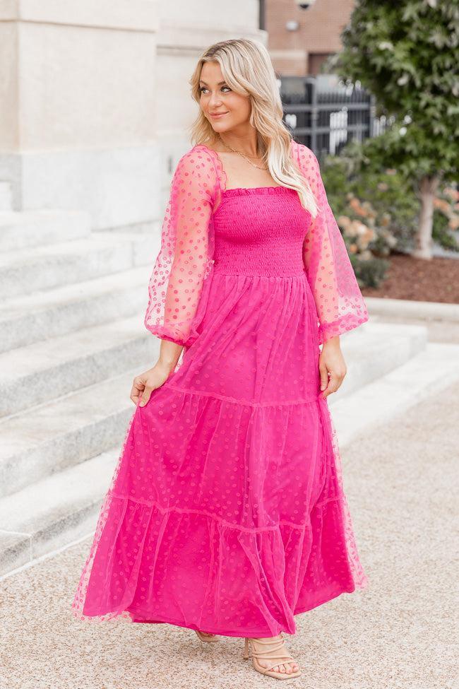 Figuring It Out Hot Pink Off The Shoulder Daisy Mesh Tiered Maxi Dress FINAL SALE Product Image