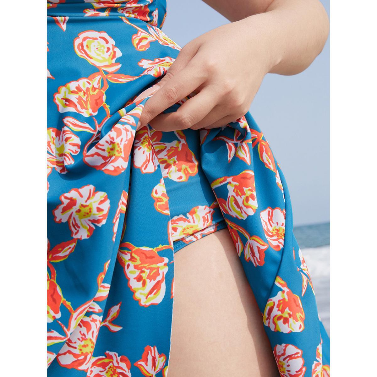Plus Size Floral Contrast Crossover Front Ruffles Adjustable Straps Swim Dress Women's Swimwear Blue Vacation Bodycon High stretch Curve Swim Dresses BloomChic 14-16/1X Product Image