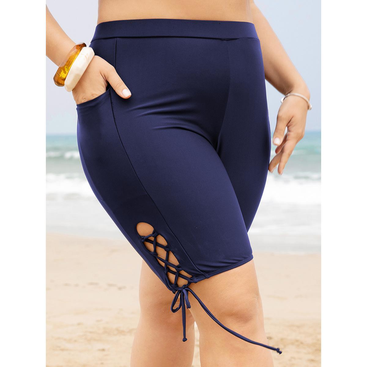 Plus Size Pocket High Waist Lace Up Side Swim Shorts Women's Swimwear Indigo Vacation Plain High stretch Skinny High Rise Pocket Curve Swim Bottoms BloomChic 10/M Product Image