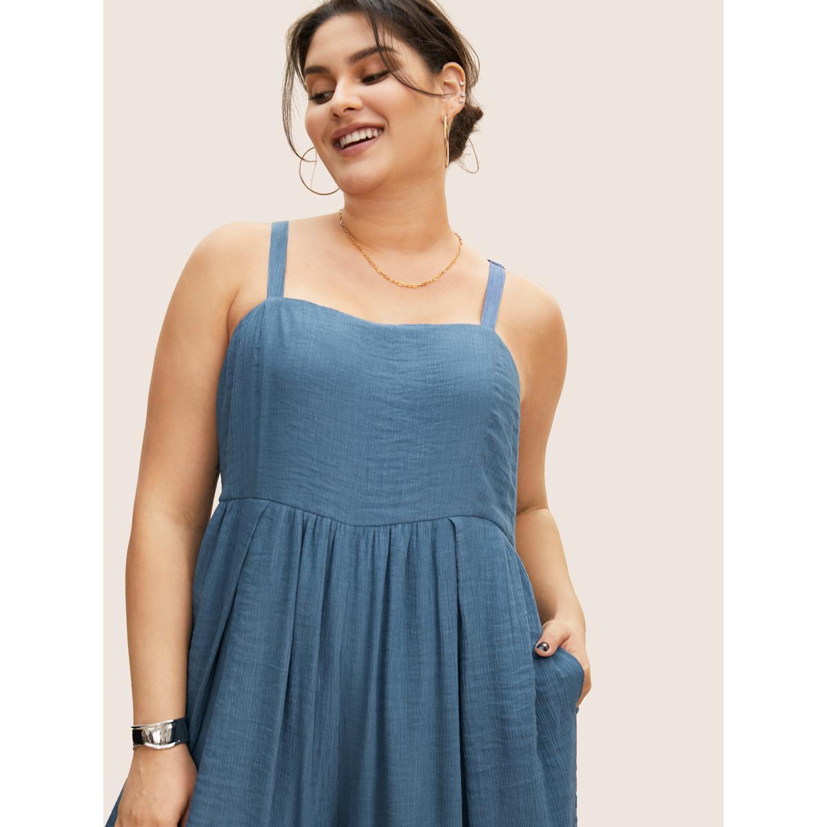 Plus Size Mediumblue Square Neck Plain Textured Cropped Jumpsuit Women Casual Sleeveless Square Neck Everyday Loose Jumpsuits BloomChic 28/5X Product Image