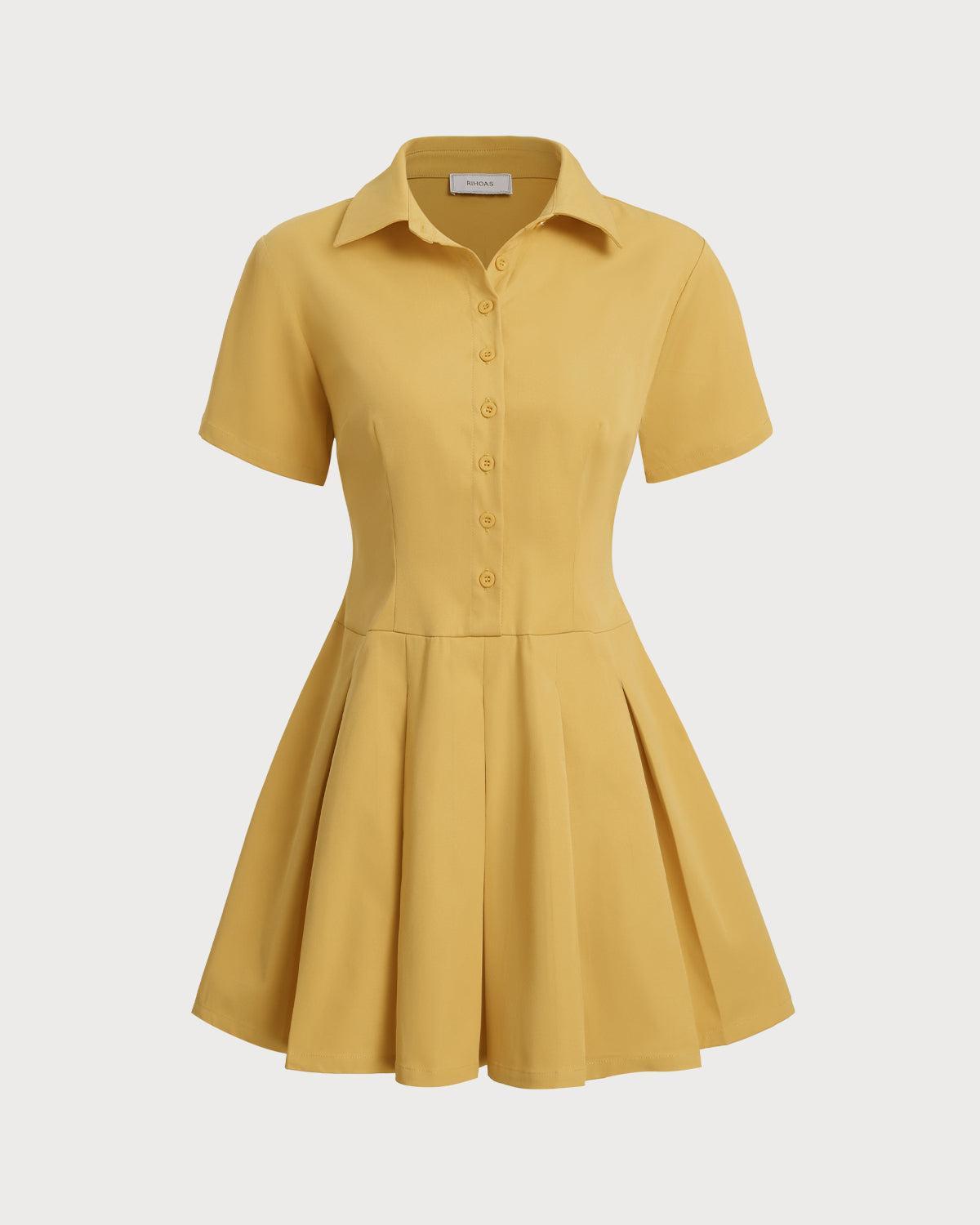 Yellow Button Pleated Mini Dress Product Image