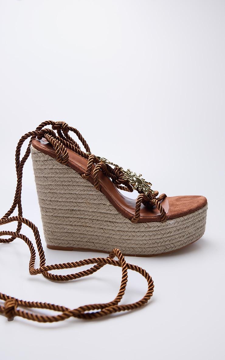 Brown Sun Charm Rope Lace Up Heeled Espadrille Wedges Product Image