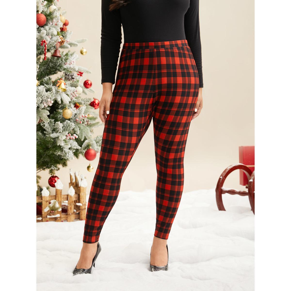 Plus Size Plaid Pattern High-Waist Lounge Leggings Women Deepred Casual High stretch Skinny Mid Rise Everyday Leggings BloomChic 10/M Product Image
