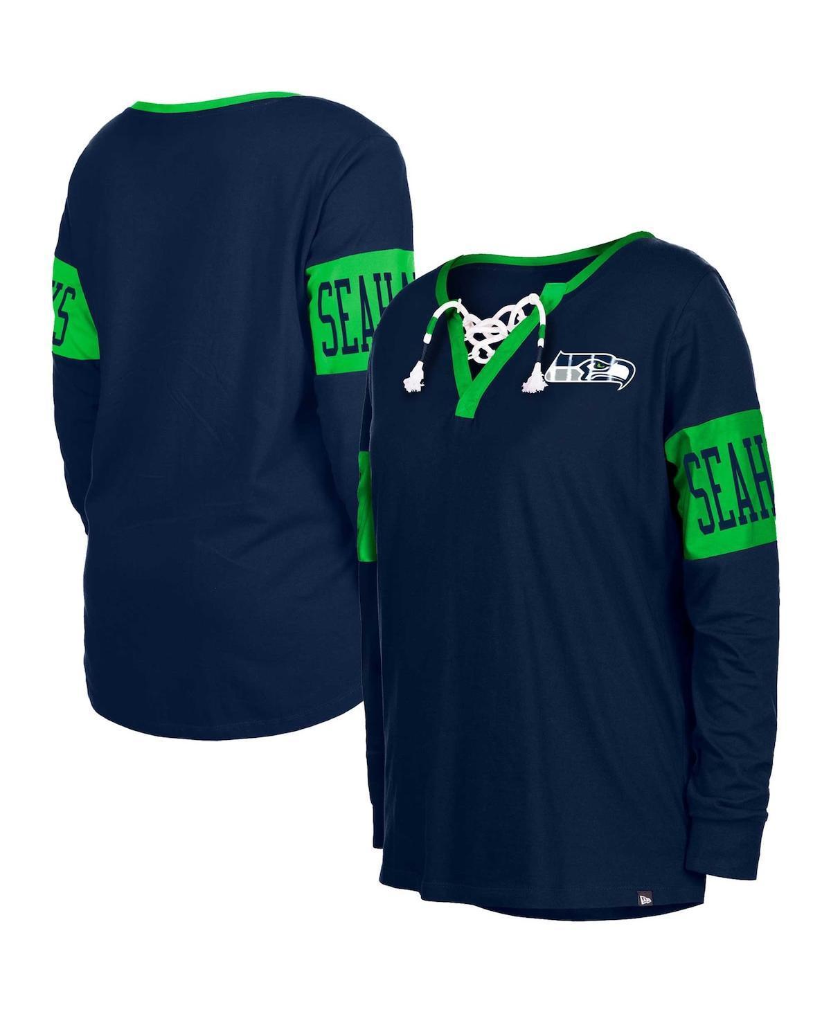 Women's New Era College Navy Seattle Seahawks Lace-Up Notch Neck Long Sleeve T-Shirt, Size: XS, Blue Product Image
