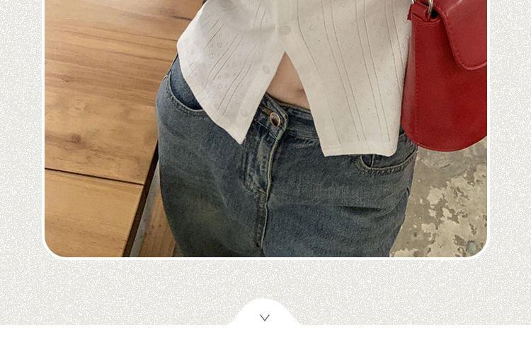 Long-Sleeve Crew Neck Plain Lace Trim Button-Up T-Shirt Product Image