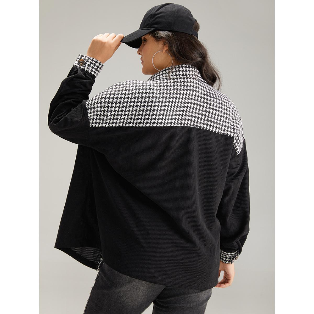 Plus Size Houndstooth Patchwork Pocket Button Through Corduroy Coat Women Black Casual Contrast Ladies Dailywear Winter Coats BloomChic 18-20/2X Product Image
