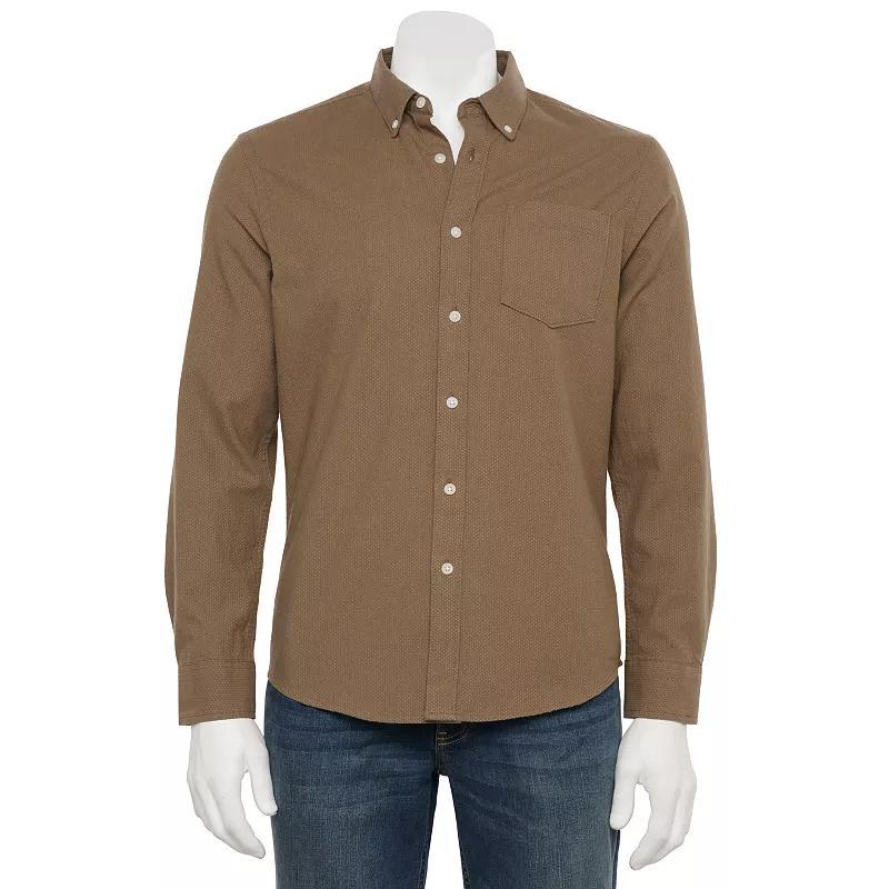Men's Sonoma Goods For Life® Long Sleeve Slim Fit Perfect Length Button-Down Shirt, Size: XXL SLIM, Brown Dobby Product Image