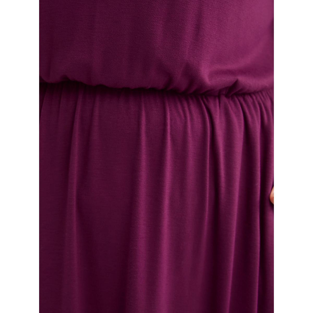 Plus Size Solid Frill Trim Shirred Lantern Sleeve Pocket Flutter Maxi Dress Purple Women Elegant Pocket Round Neck Long Sleeve Curvy Long Dress BloomChic 28/5X Product Image