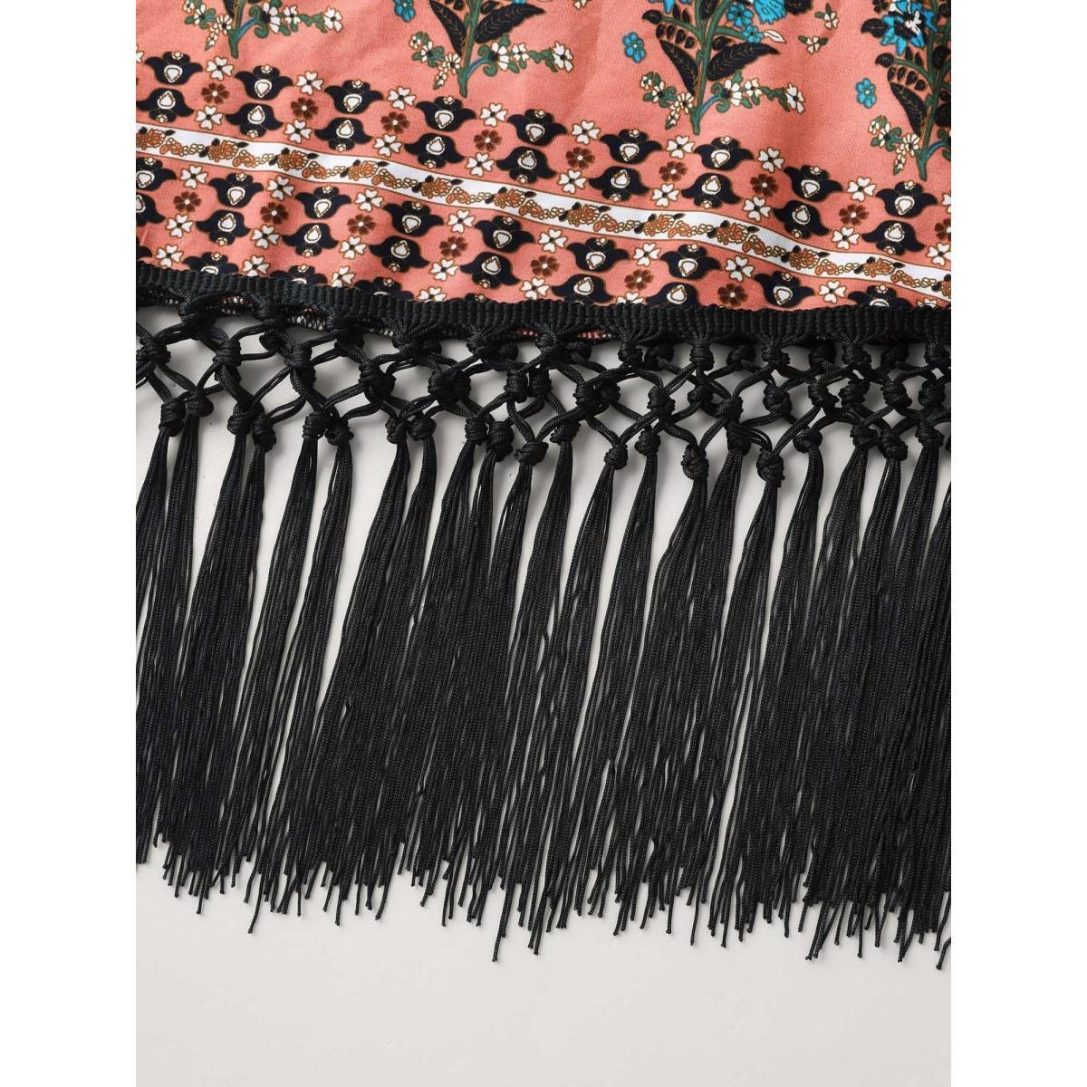 Plus Size Floral Boho Fringe Detail Kimono Women Indigo Tassels Vacation Kimonos BloomChic 30/6X Product Image