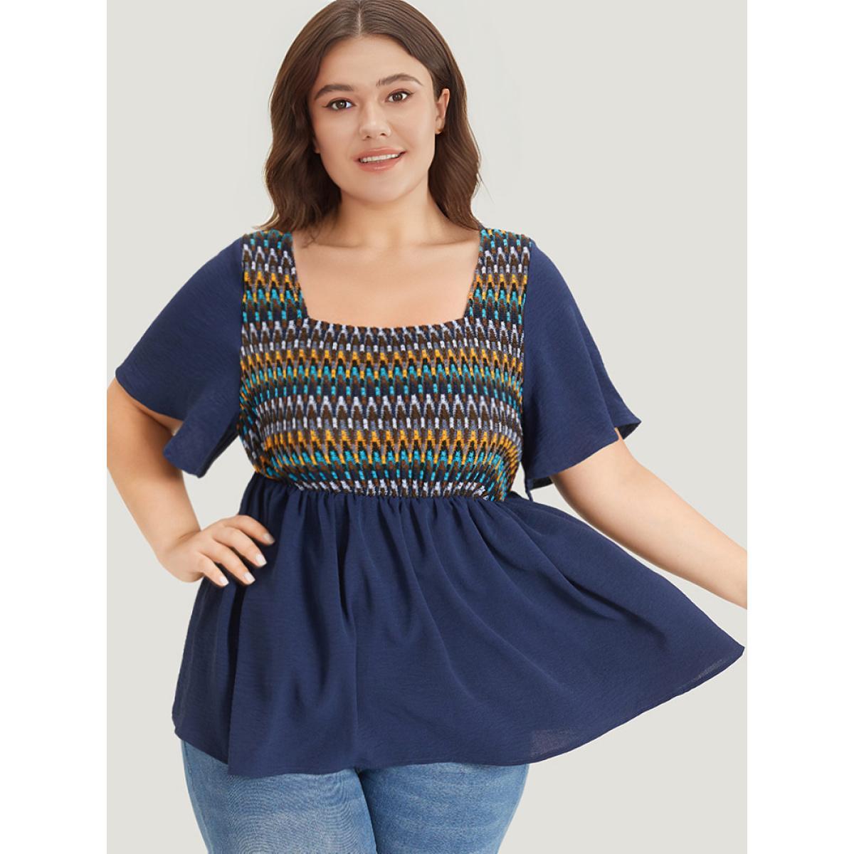 Plus Size Indigo Knit Patchwork Gathered Flutter Sleeve Blouse Women Elegant Short sleeve Square Neck Dailywear Blouses BloomChic 28/5X Product Image