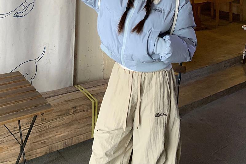Fluffy Collar Zip-Up Crop Puffer Jacket / Drawstring Waist Lettering Embroidered Wide Leg Cargo Pants Product Image