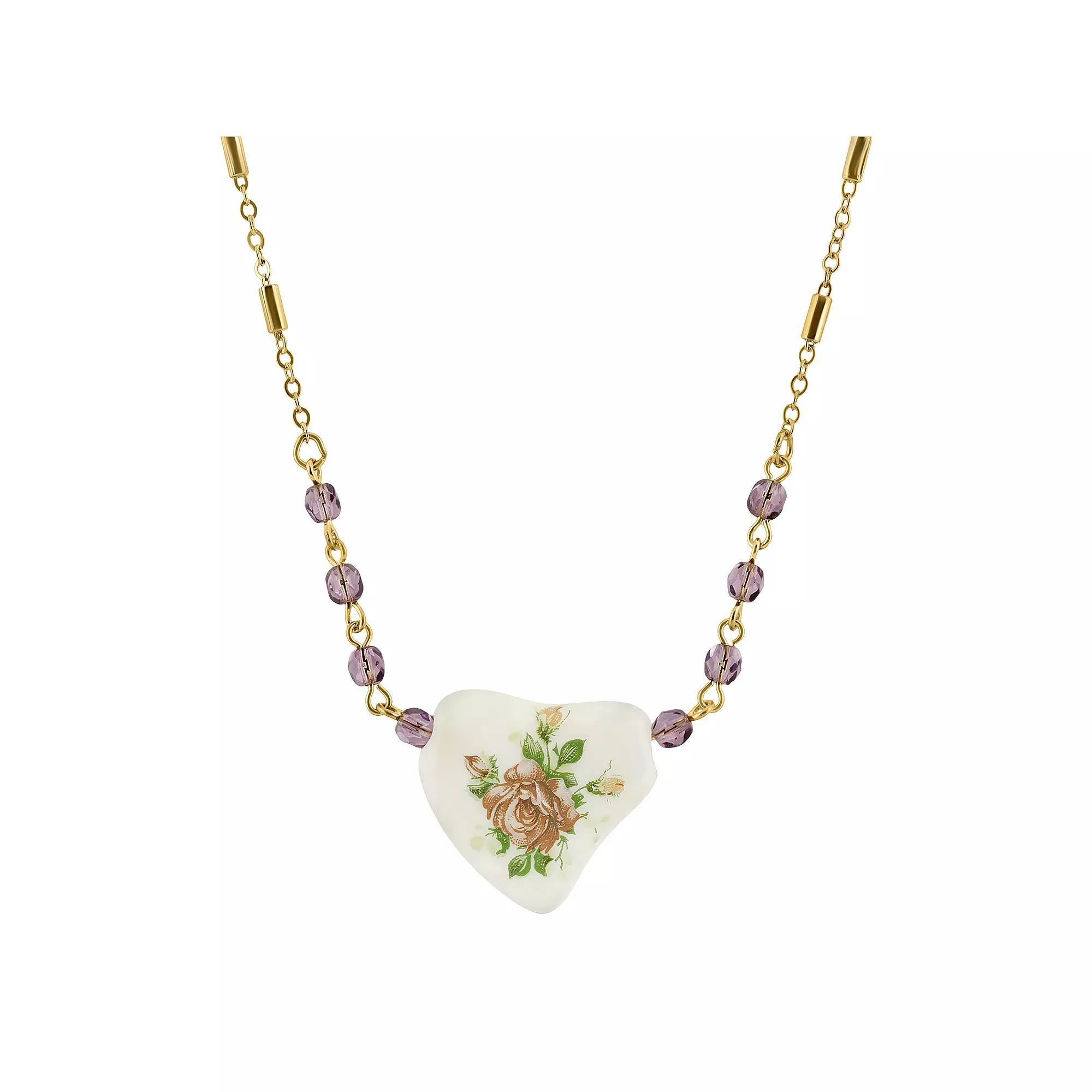 1928 Gold-Tone Purple Beaded White Heart With Pink Floral Decal Necklace, Womens Product Image