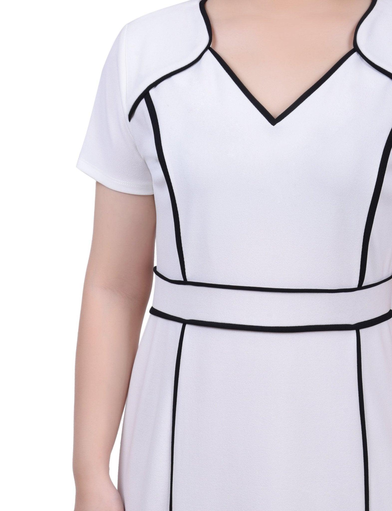 White Black Short Sleeve Piped Detail Dress Product Image