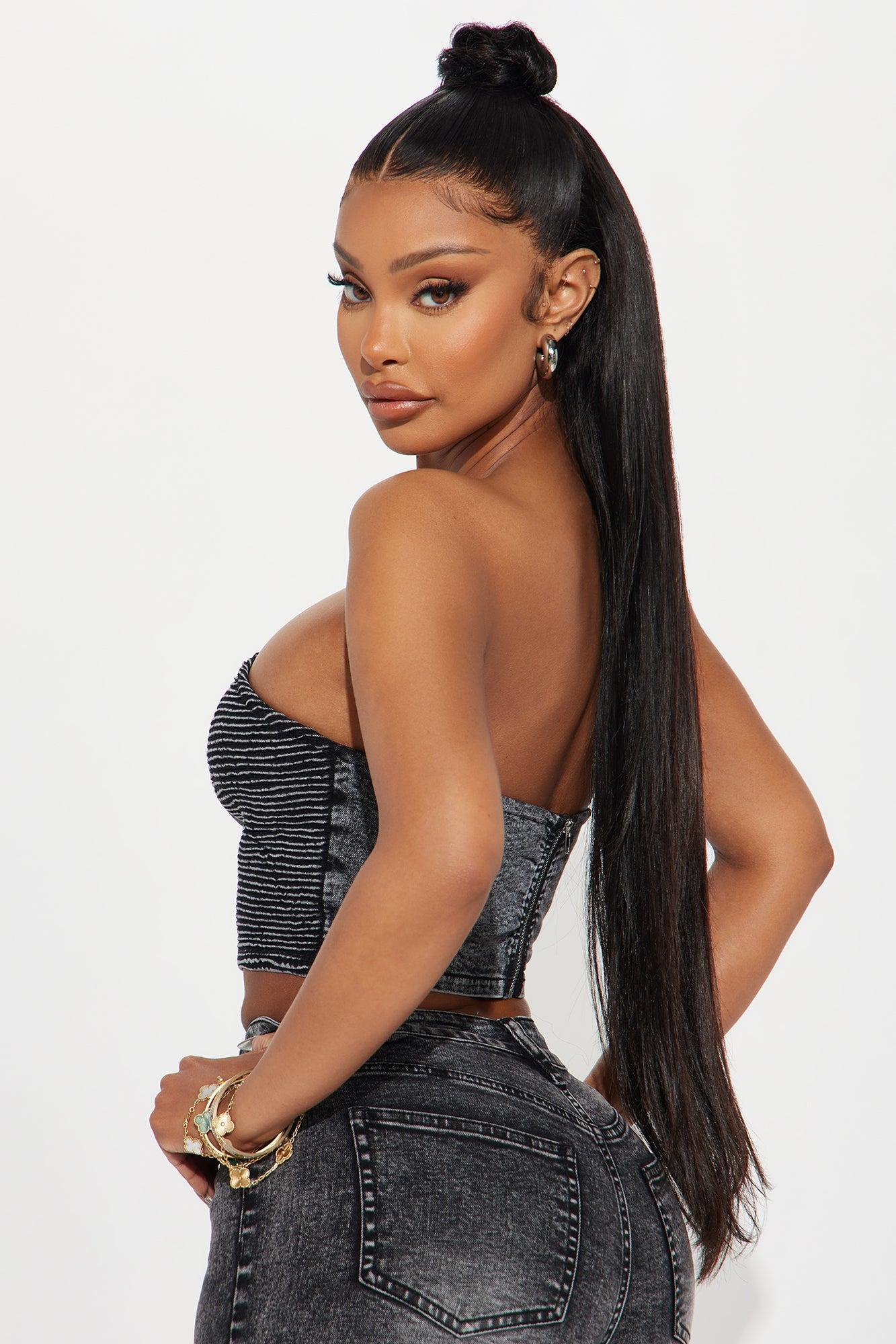 Have It My Way Strapless Moto Denim Top - Black Wash Product Image