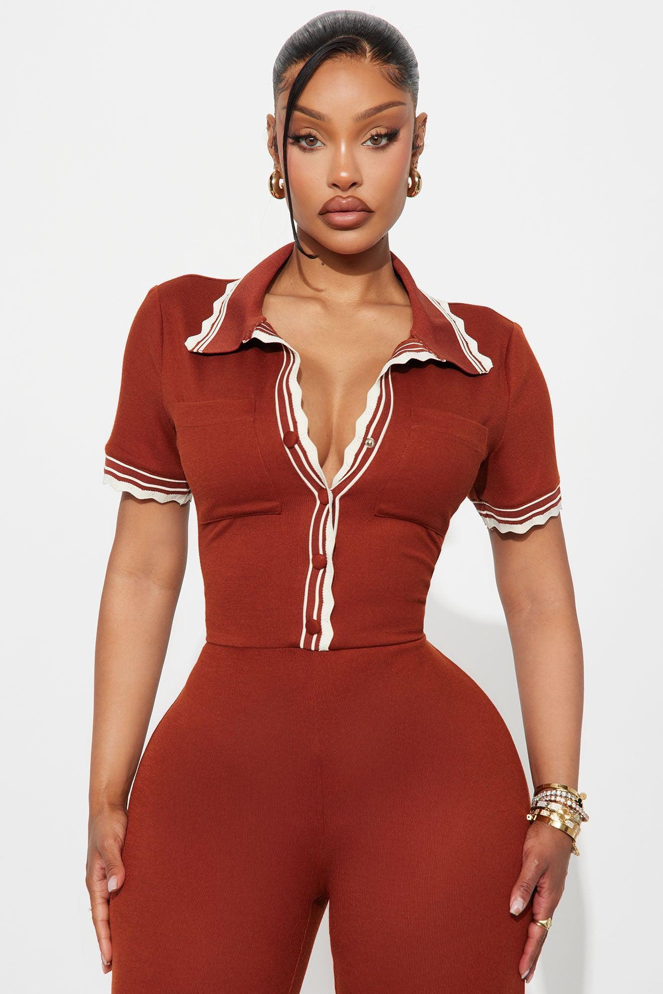Juliette Ribbed Flare Leg Jumpsuit - Rust Product Image