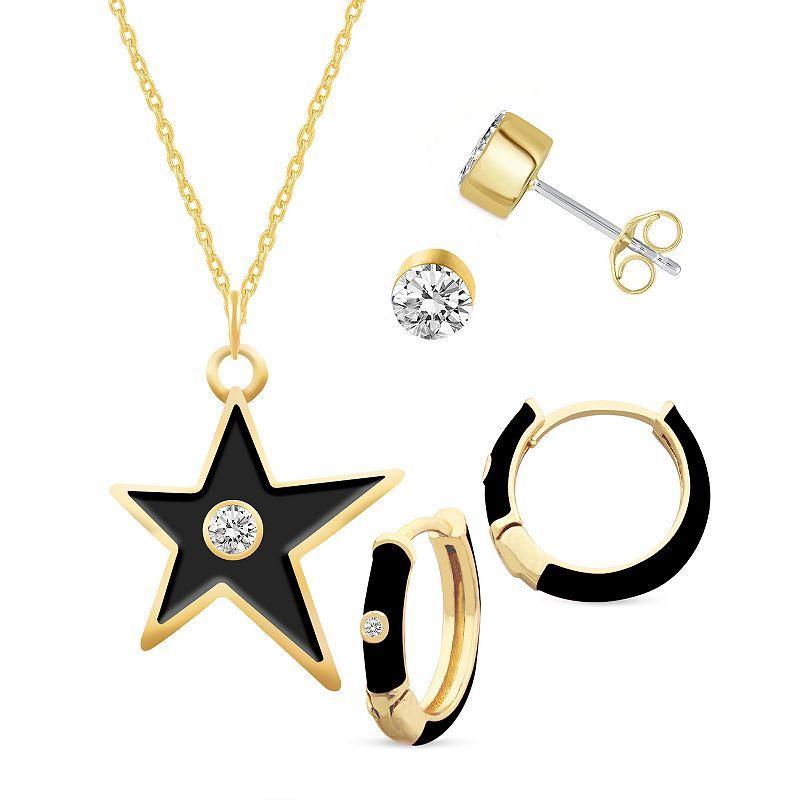 Royal Aura Heart Gold Tone Crystal & Black Enamel Heart Necklace, Huggie Earrings, & Stud Earrings Set, Women's, Size: 17", Gold Tone Black Product Image