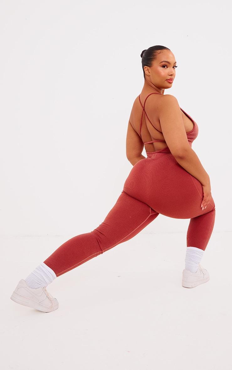 Plus Rust Acid Wash Seamless Rib Strappy Long Unitard Product Image