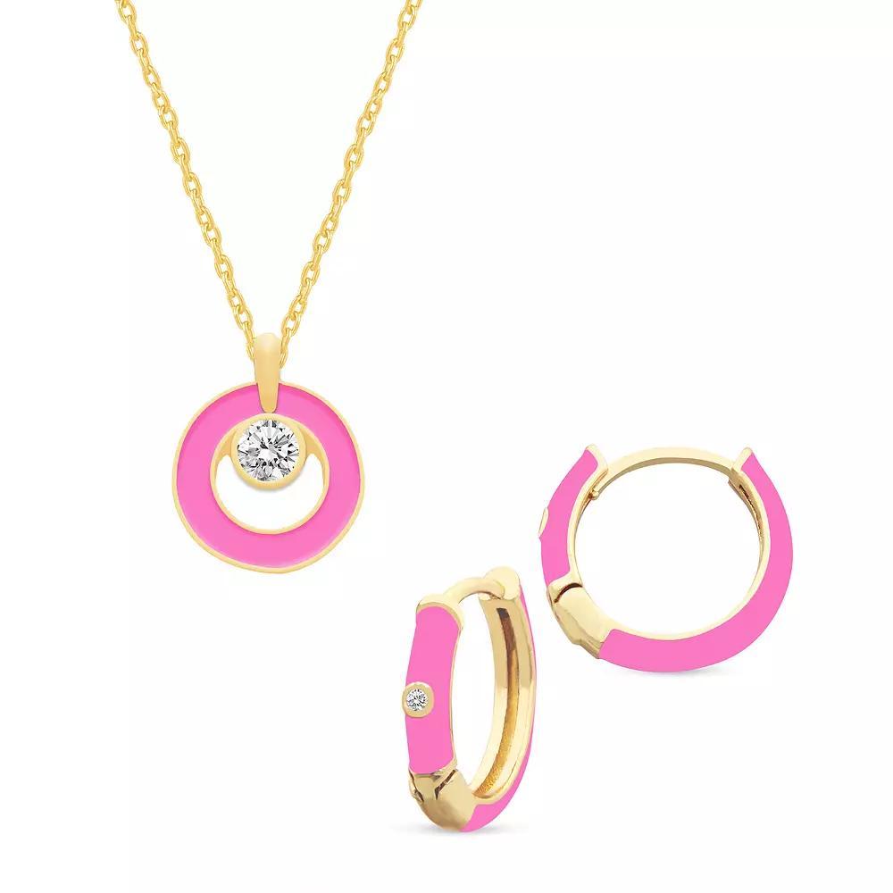 Royal Aura Gold Tone Pink Enamel & Crystal Orbital Pendant Necklace & Huggie Earrings Set, Women's, Size: 17" Product Image