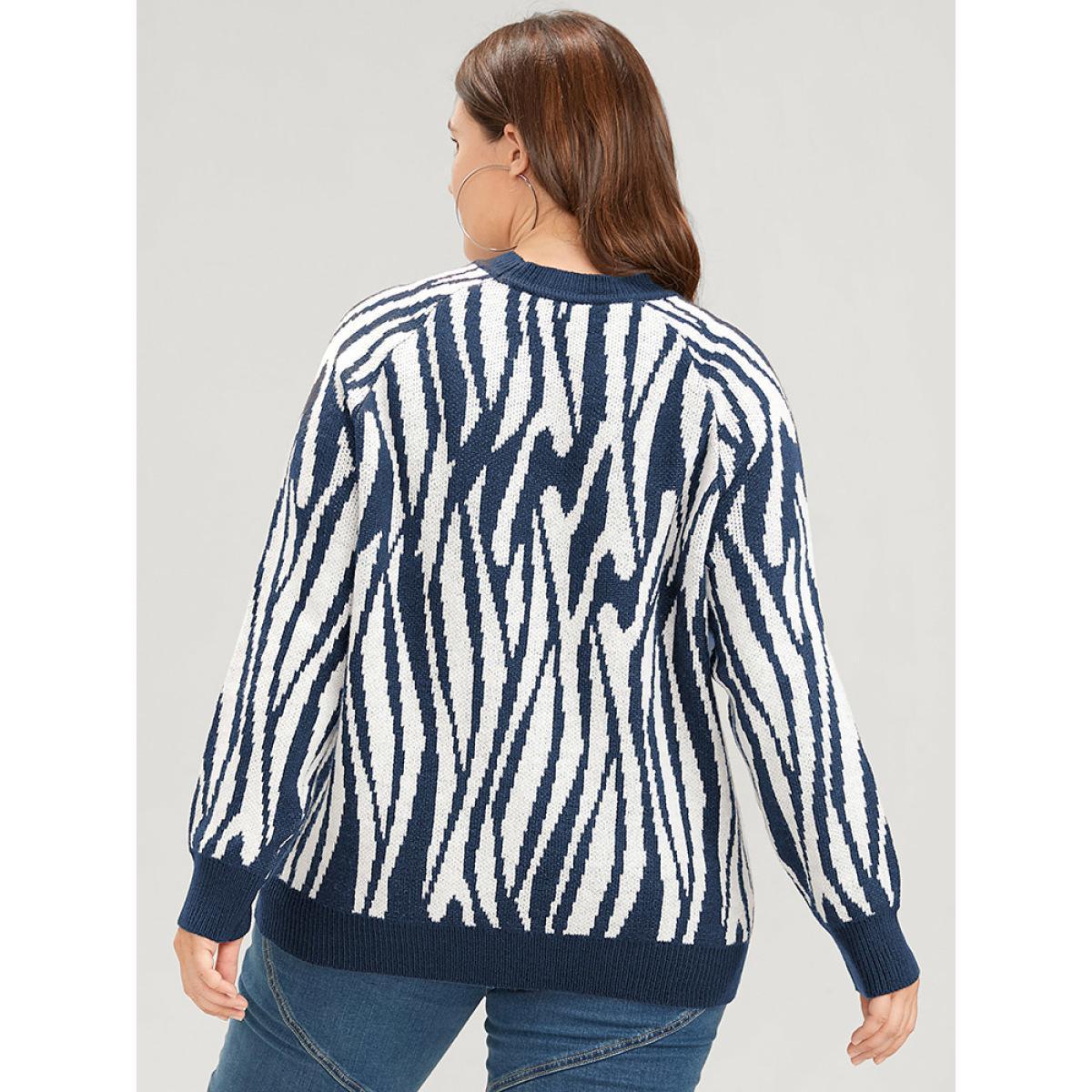 Plus Size Zebra Print Pointelle Knit Raglan Sleeve Jacquard Knit Top Midnight Women Casual Long Sleeve Round Neck Everyday Pullovers BloomChic 22-24/3X Product Image