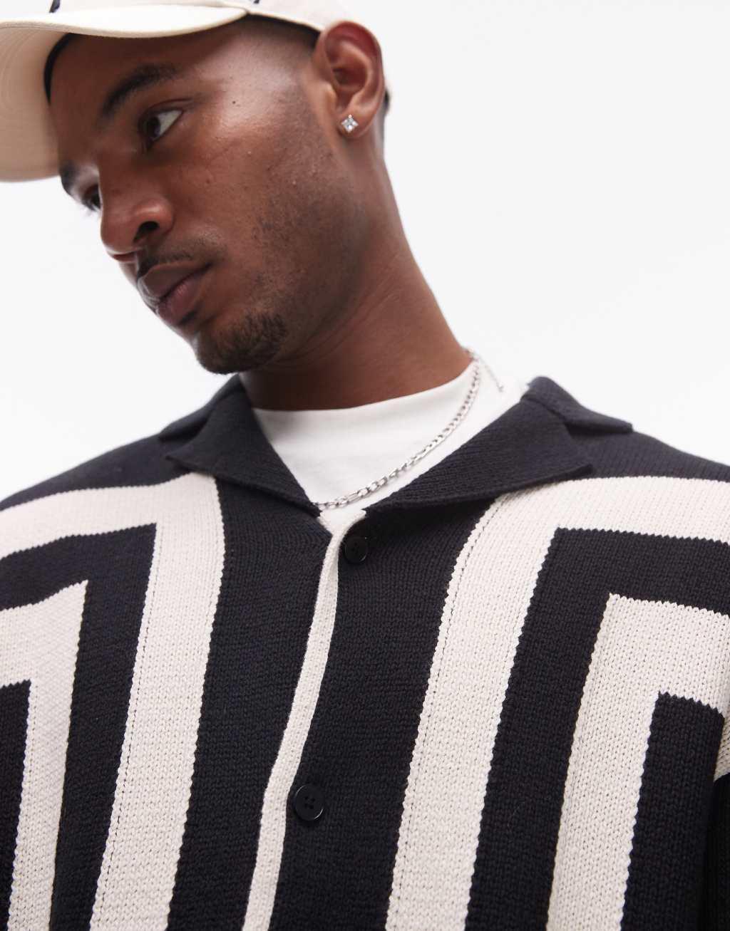Topman knit crochet vertical stripe button through long sleeve shirt in black Product Image