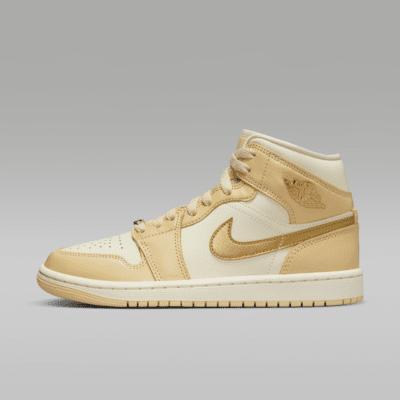 Jordan Womens AJ 1 Mid SE - Basketball Shoes Gold/White/Beige Product Image
