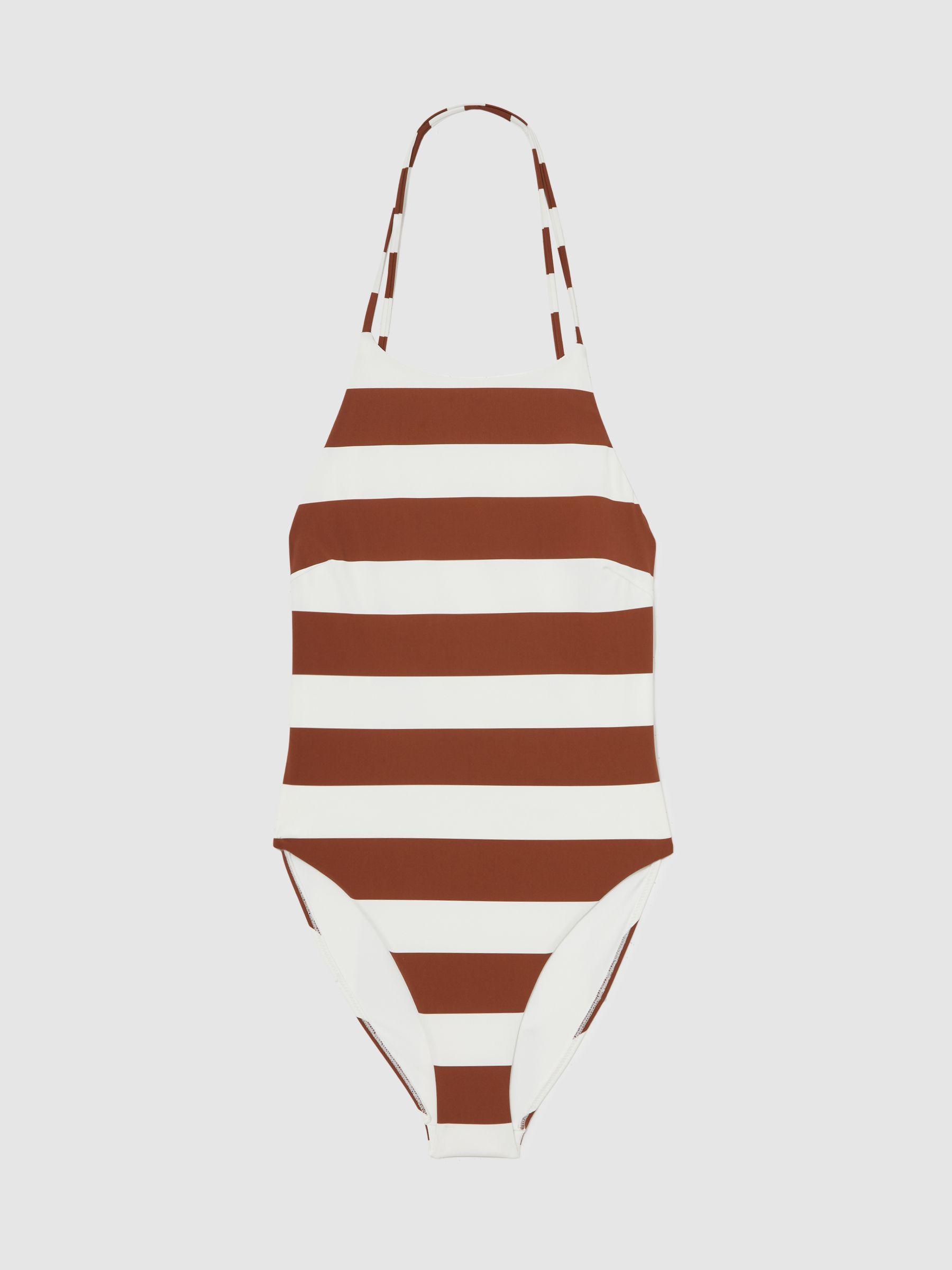 Stripe Cross-Back Swimsuit in Brown/White Product Image