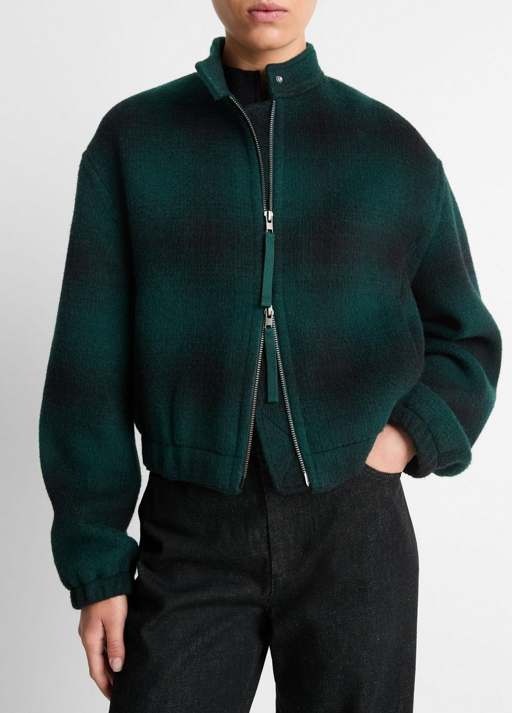 Womens Shadow Plaid Italian Wool-Blend Bomber Jacket, Juniper, Size M Vince Product Image