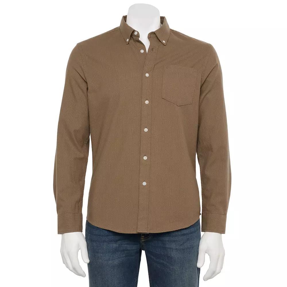 Men's Sonoma Goods For Life® Long Sleeve Slim Fit Perfect Length Button-Down Shirt, Size: XXL SLIM, Brown Dobby Product Image