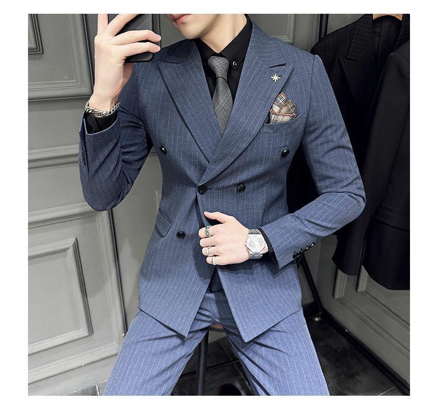 Set: Peak Lapel Striped Double-Breasted Blazer + Mid Rise Cropped Tapered Dress Pants Product Image