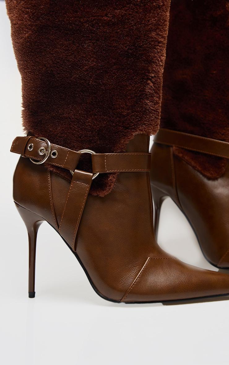 Brown PU Faux Fur Point Toe Over The Knee High Stiletto Heeled Boots Product Image