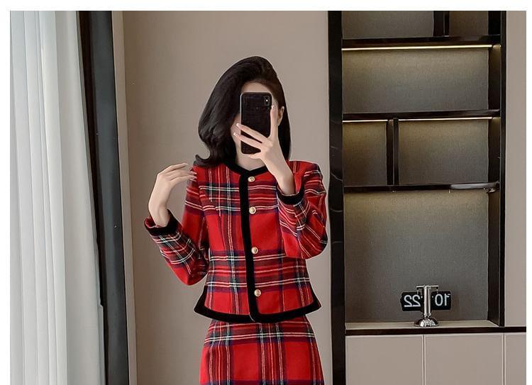 Set: Plaid Button-Up Jacket + High Rise Mini A-Line Skirt Product Image