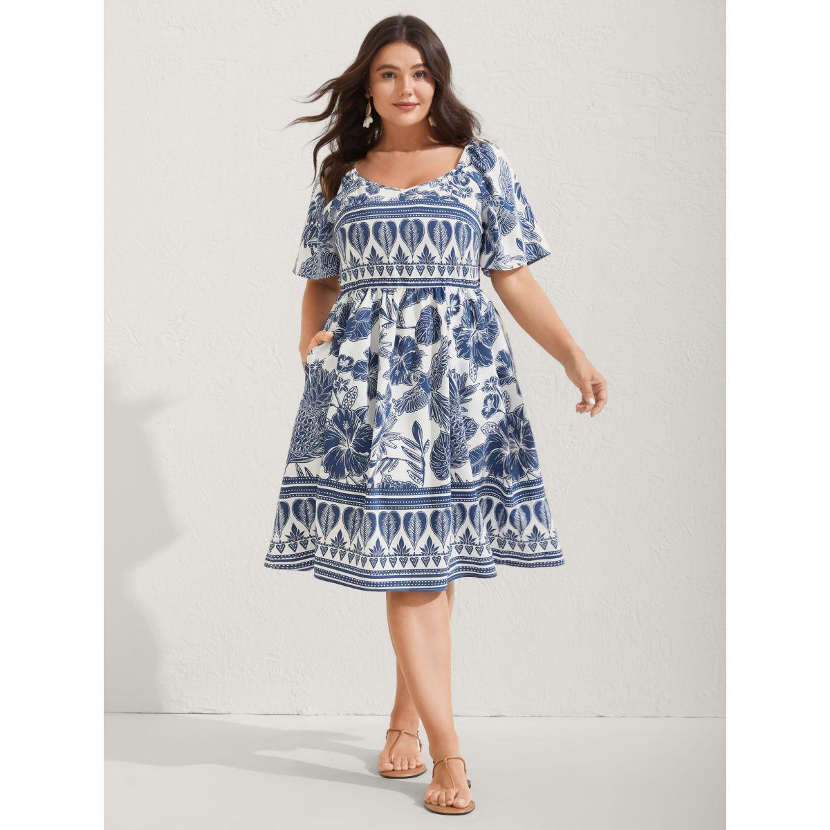 Plus Size Boho Print Fit Flare Pockets Midi Dress DarkBlue Women Resort Non Heart neckline Short sleeve Curvy BloomChic 30/6X Product Image