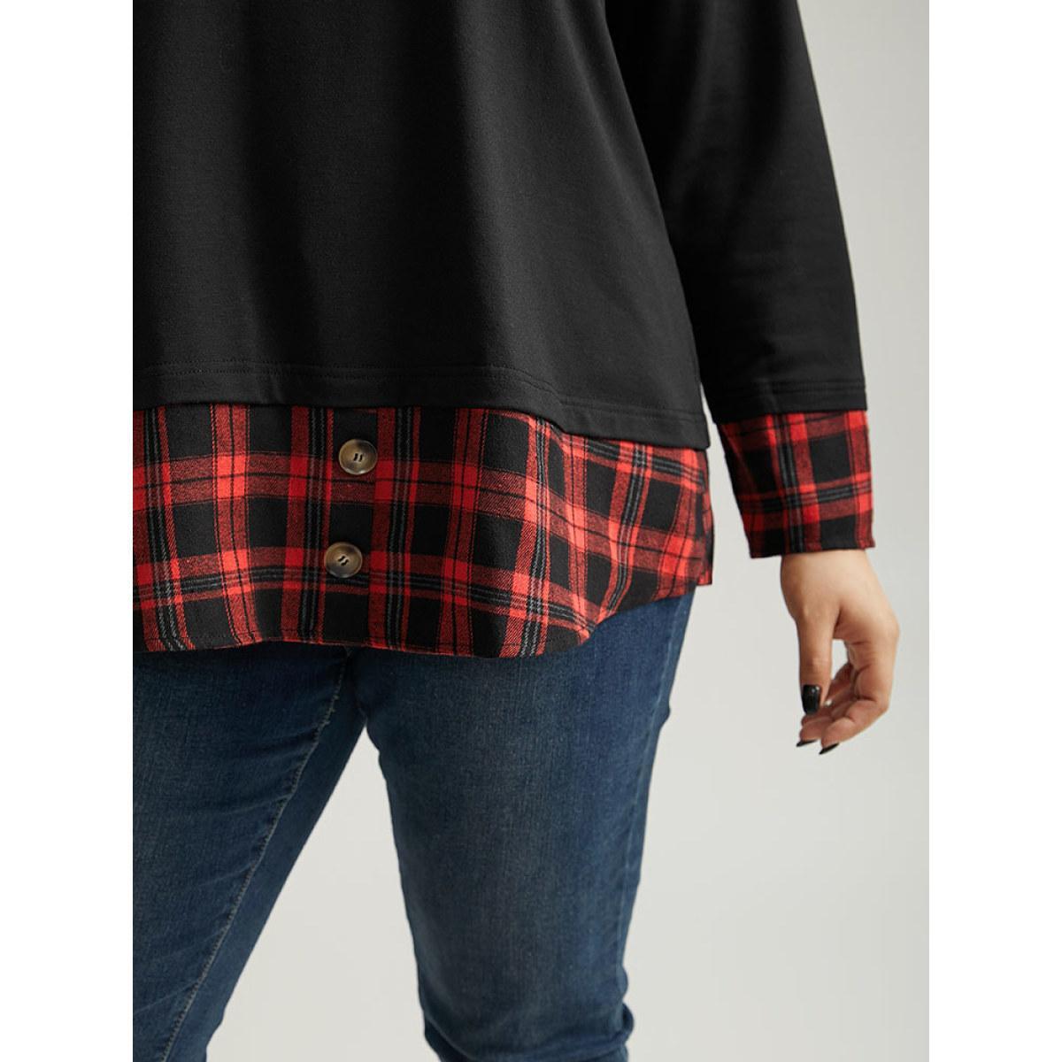 Plus Size Plaid Patchwork Button Detail Curved Hem Sweatshirt Women Black Casual Contrast Round Neck Festival-Christmas Sweatshirts BloomChic 14-16/1X Product Image
