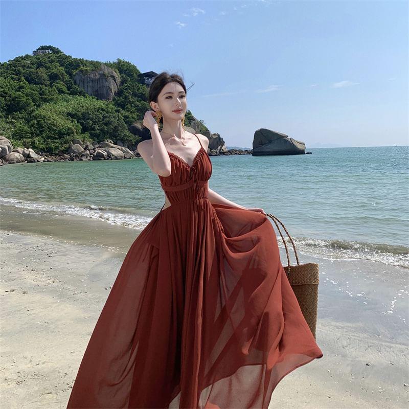 Spaghetti Strap Plain Midi Sundress Product Image