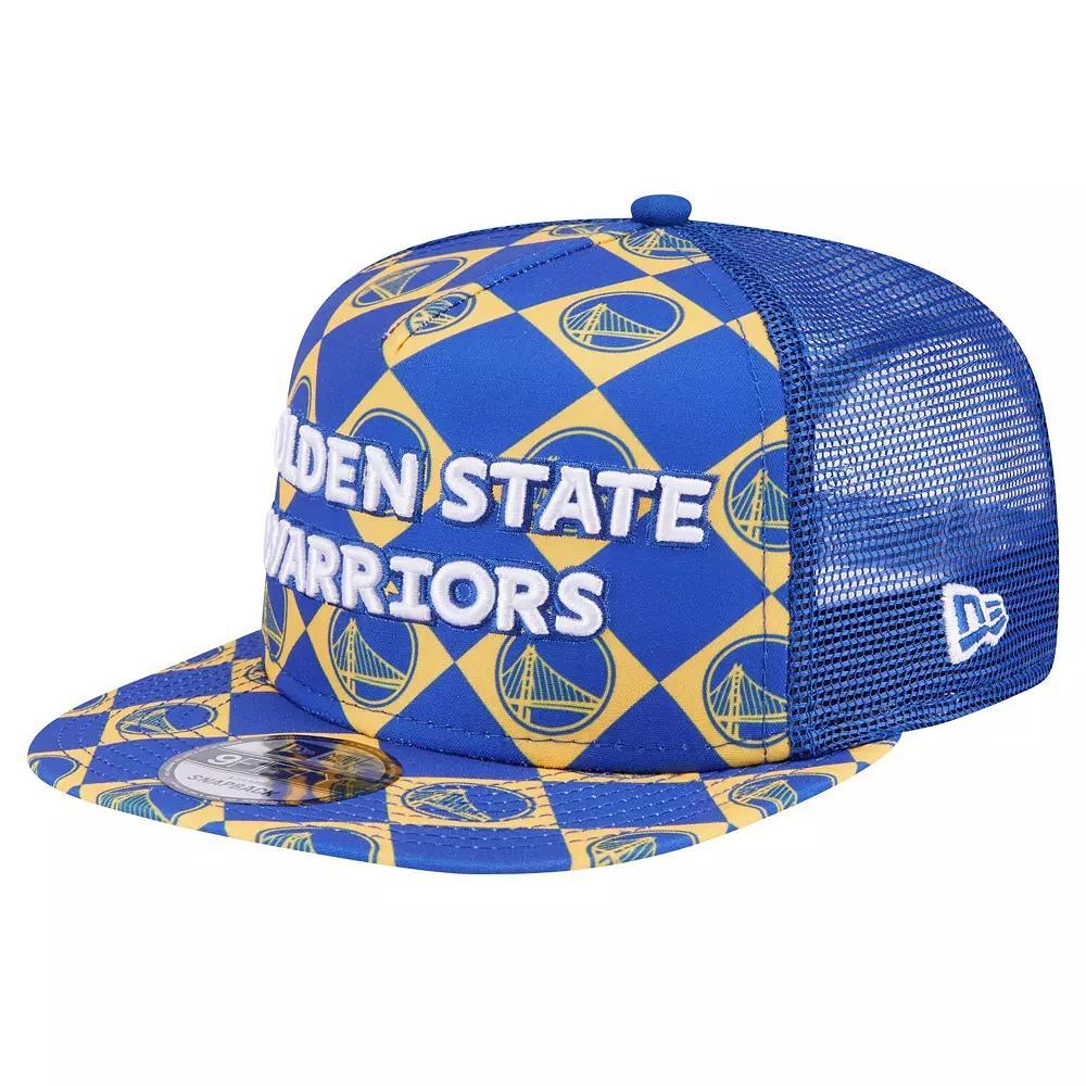 Men's New Era Royal Golden State Warriors Seeing Diamonds A-Frame Trucker 9FIFTY Snapback Hat, Blue Product Image