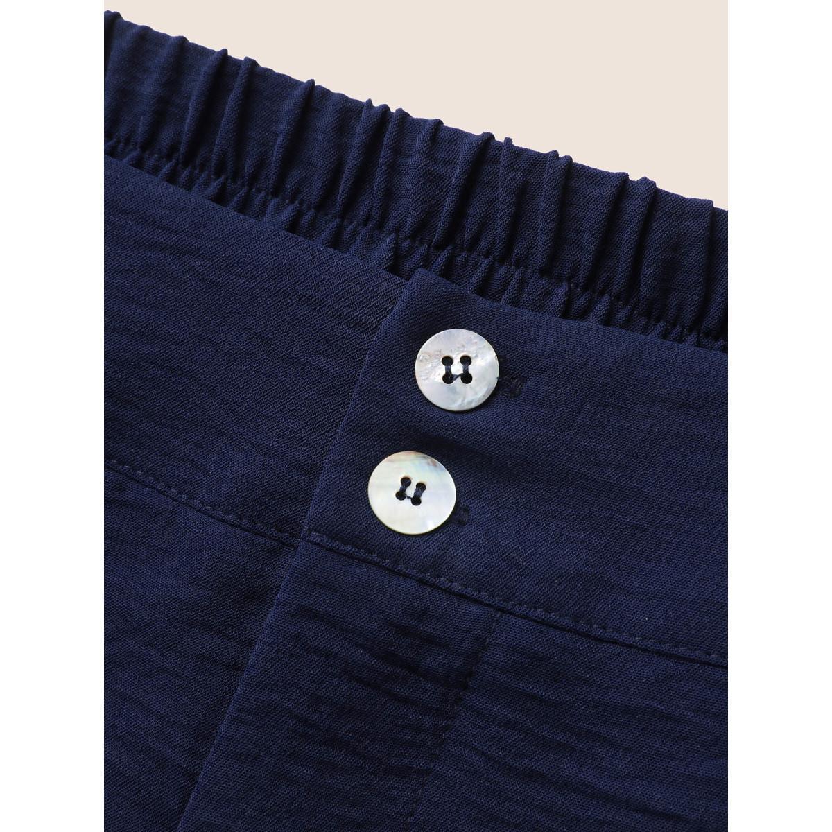 Plus Size Solid Button Up Gathered Wide Leg Pants Women Indigo Elegant Wide Leg Mid Rise Everyday Pants BloomChic 26/4X Product Image