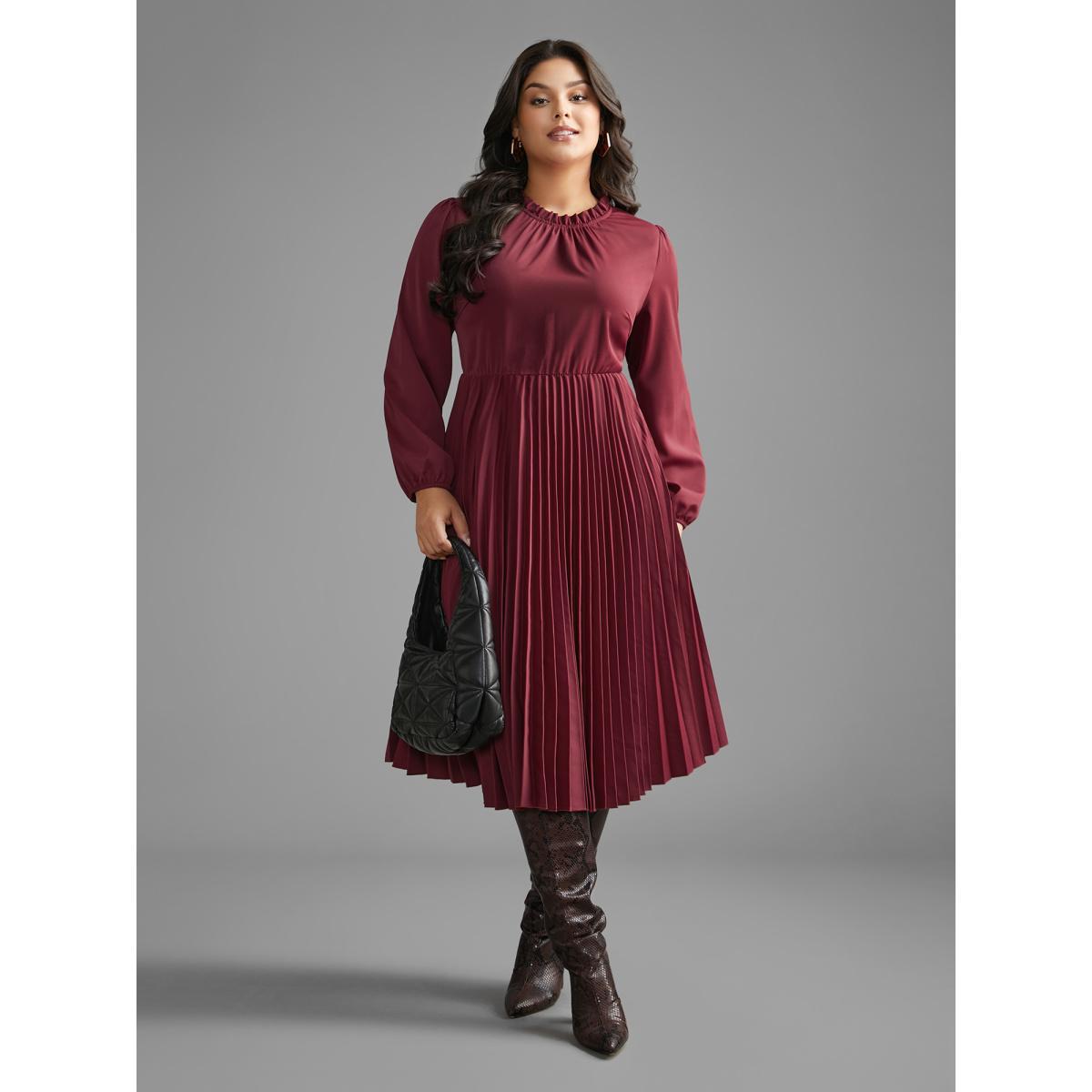 Plus Size Mock Neck Frill Trim Pleated Dress Burgundy Women At the Office Gathered Mock Neck Long Sleeve Curvy BloomChic 10/M Product Image