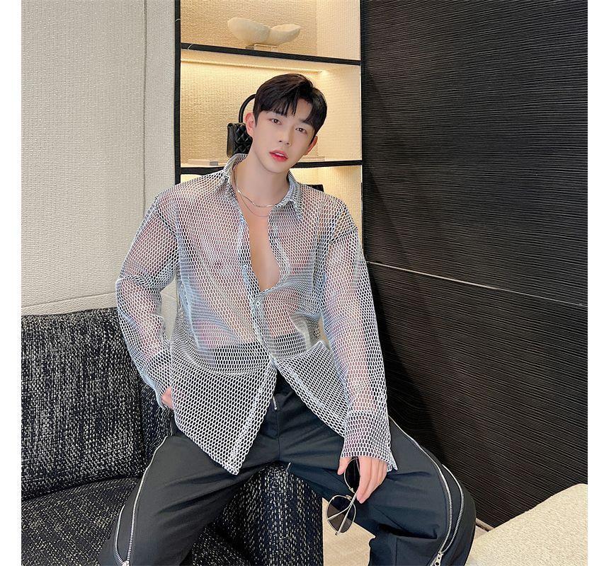 Long-Sleeve Plain Mesh Shirt Product Image