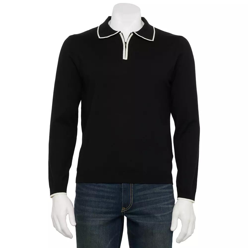 Men's For The Republic Long Sleeve Quarter Zip Contrast Tipped Polo, Size: Small, Black Product Image