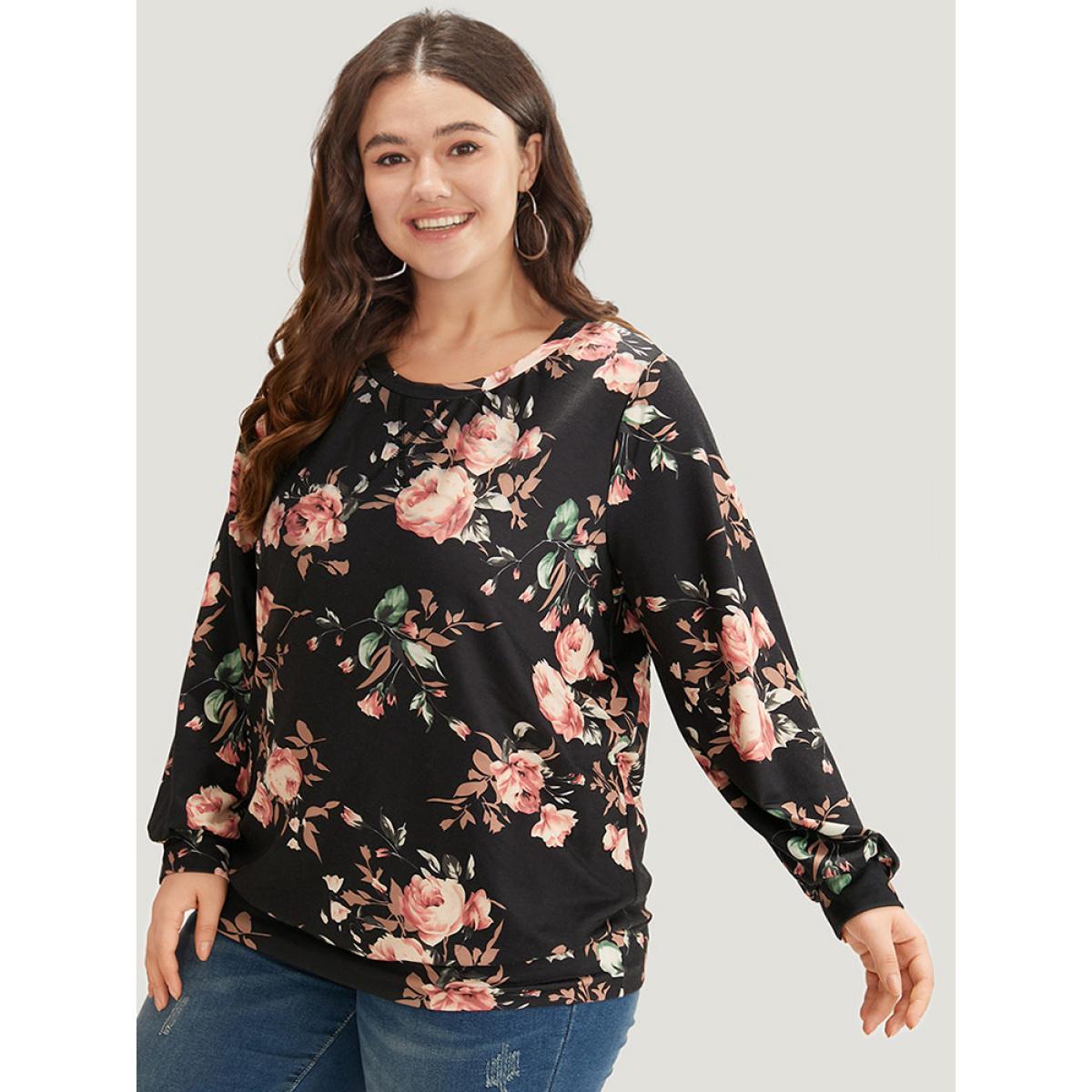 Plus Size Floral Print Round Neck Sweatshirt Women Multicolor Casual Elastic cuffs Round Neck Dailywear Sweatshirts BloomChic 26/4X Product Image