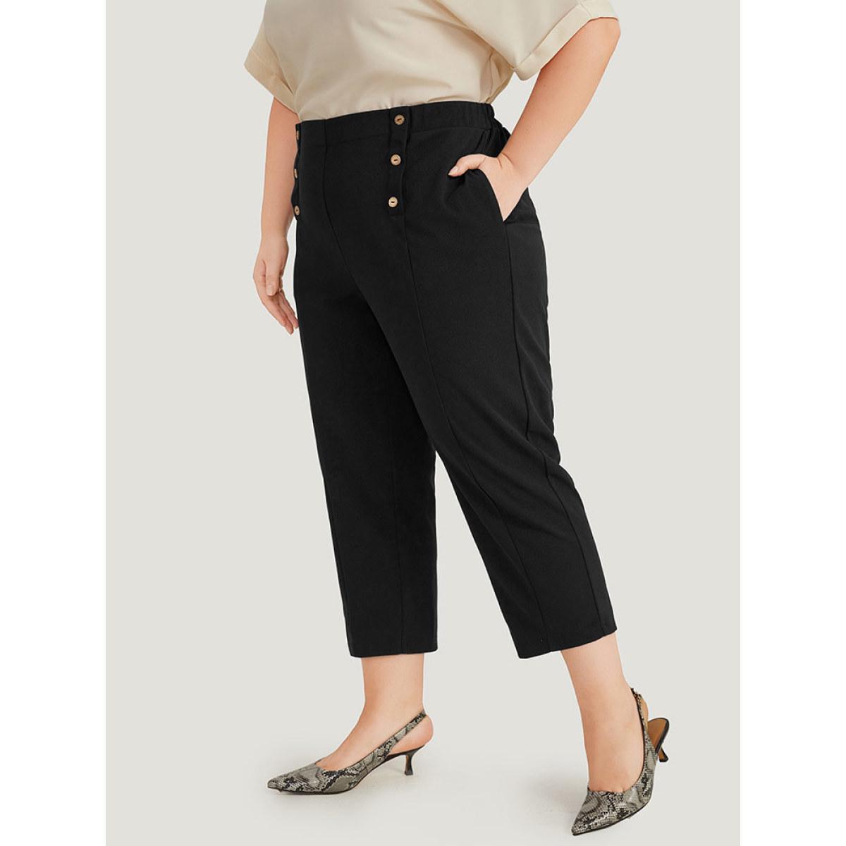 Plus Size Solid Elastic Waist Pocket Button Detail Pants Women Black Office High Rise Work Pants BloomChic 10/M Product Image