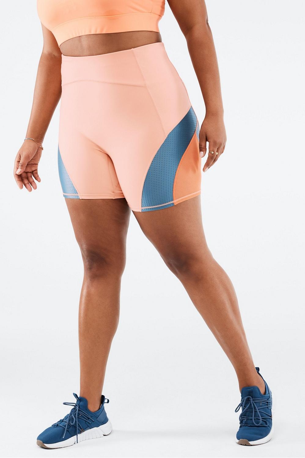 Fabletics High-Waisted Motion365 Run Short 6 Womens Birchwood/Real Teal/Orange Burst Size XS Product Image