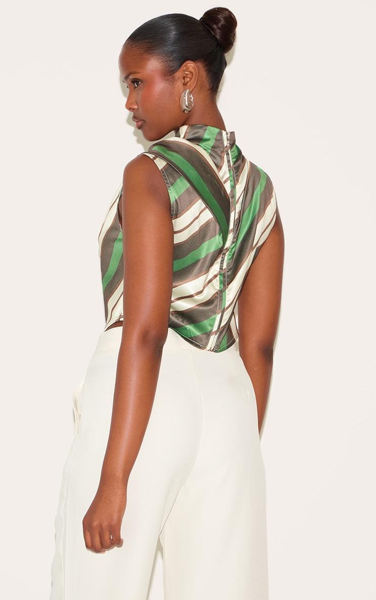 Green Satin Stripe High Neck Cowl Top Product Image