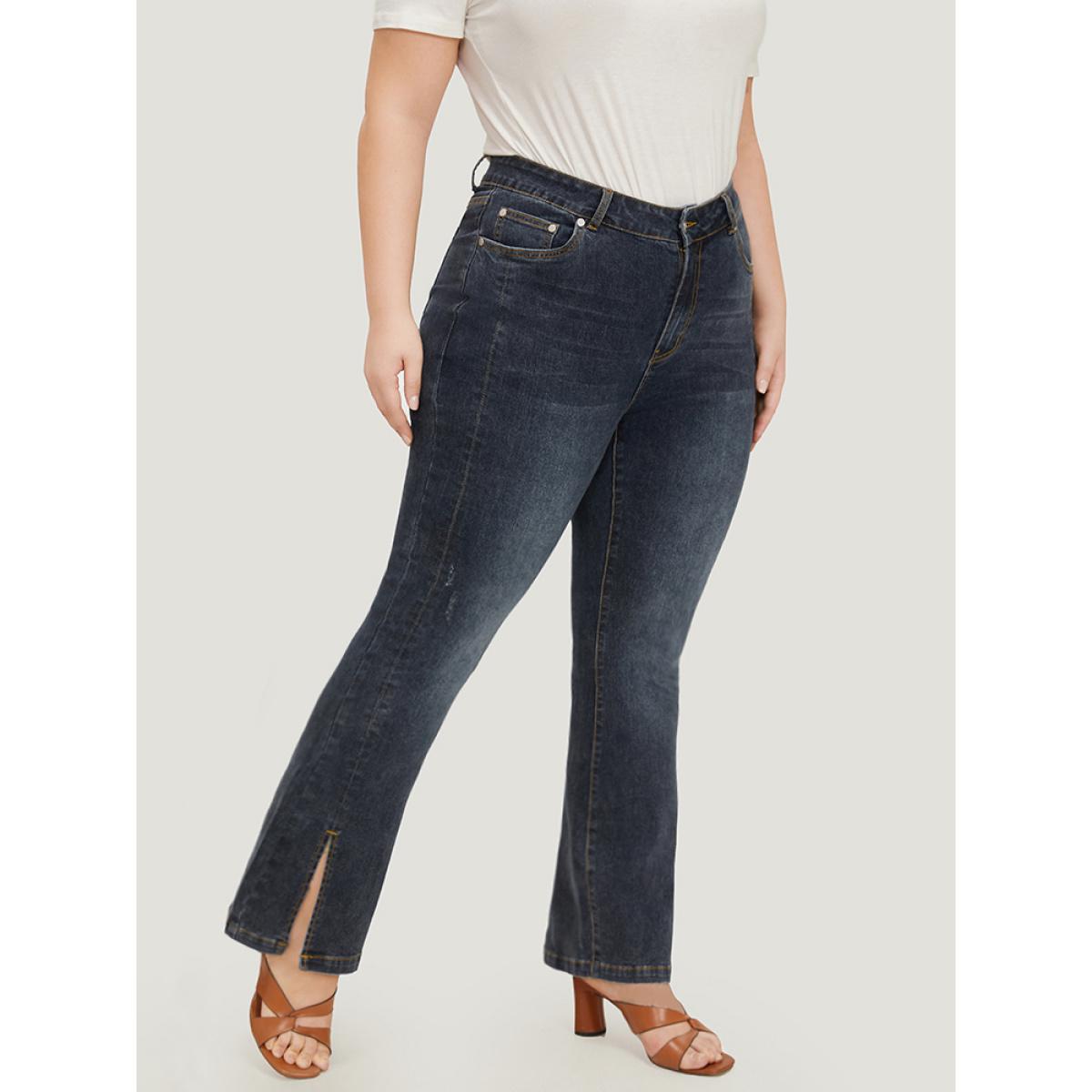 Plus Size Very Stretchy Split Hem Medium Wash Jeans Women Indigo Casual Plain Slit High stretch Pocket Jeans BloomChic 28/5X Product Image