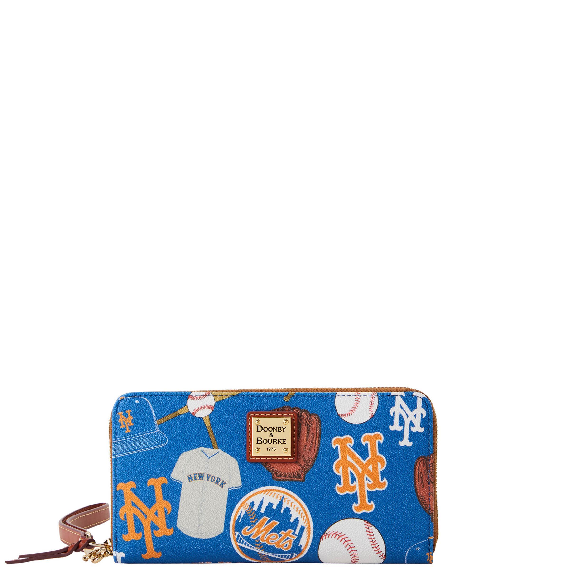 Dooney & Bourke Womens MLB Mets Large Zip Around Coated Cotton Wristlet in Blue Product Image