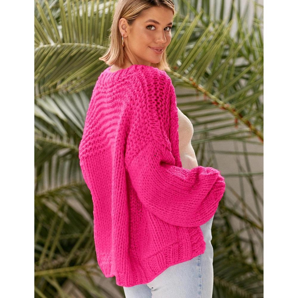 Womens Sweater Knit Cardigan with Pockets Open Front Cable Knit Sweater Chunky Thick Sweater Cardigan for Winter Comfy Knitwear,Rose Red - L Product Image