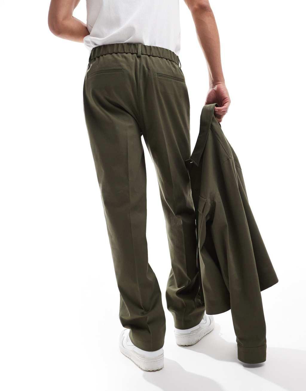 ASOS DESIGN smart straight leg pants in khaki with elastic waist - part of a set Product Image