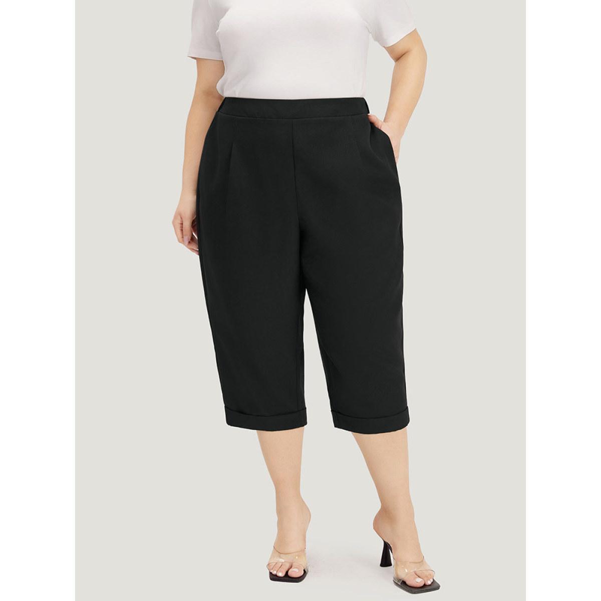 Plus Size Plain Pocket Elastic Waist Pleated Cropped Pants Women Black Office Straight Leg High Rise Work Pants BloomChic 30/6X Product Image