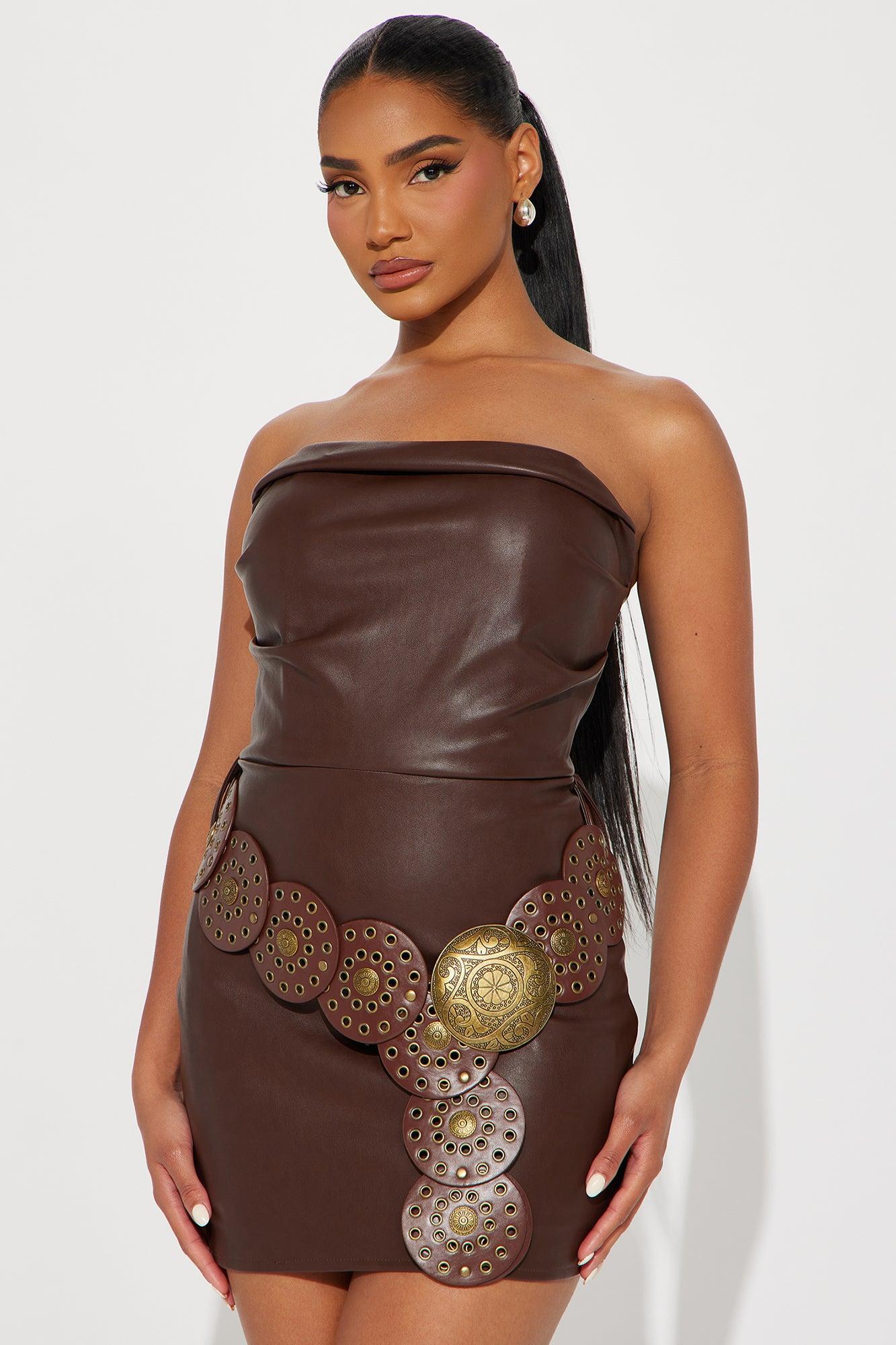 Get Rowdy Faux Leather Micro Mini Dress - Brown Product Image